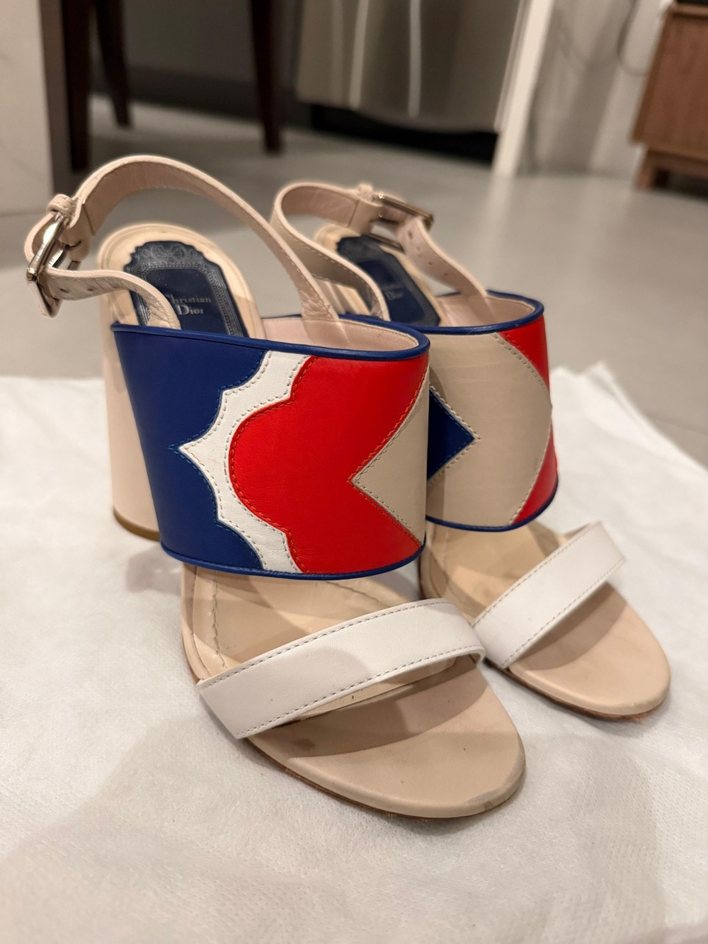 Dior Leather ColorBlock Heel Slingback Sandals in Red, Blue & Cream